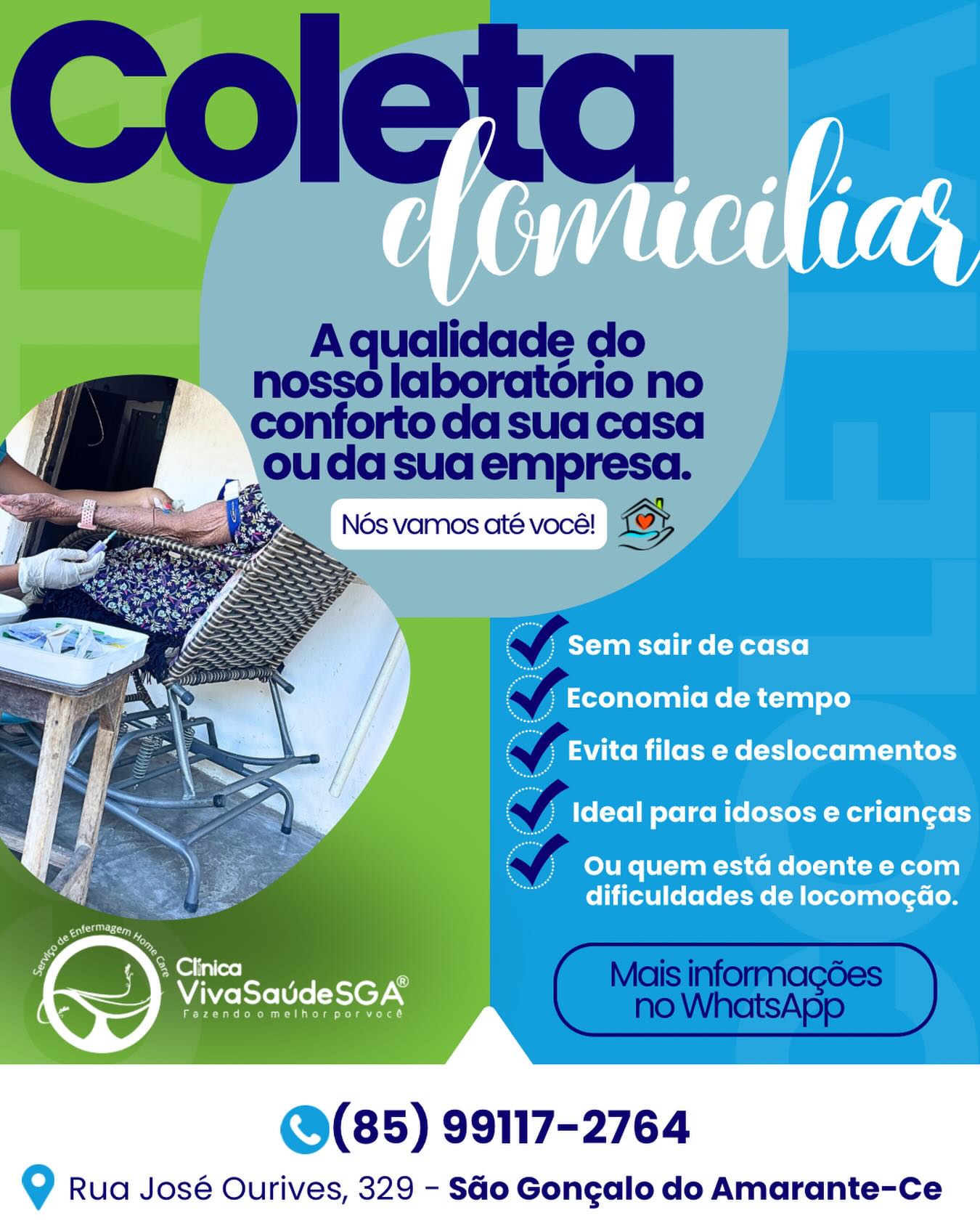 🚨 Sem tempo de ir até a clínica? A gente vai até você! 🏡💉

Com a nossa coleta domiciliar, você faz seus exames com praticidade, conforto